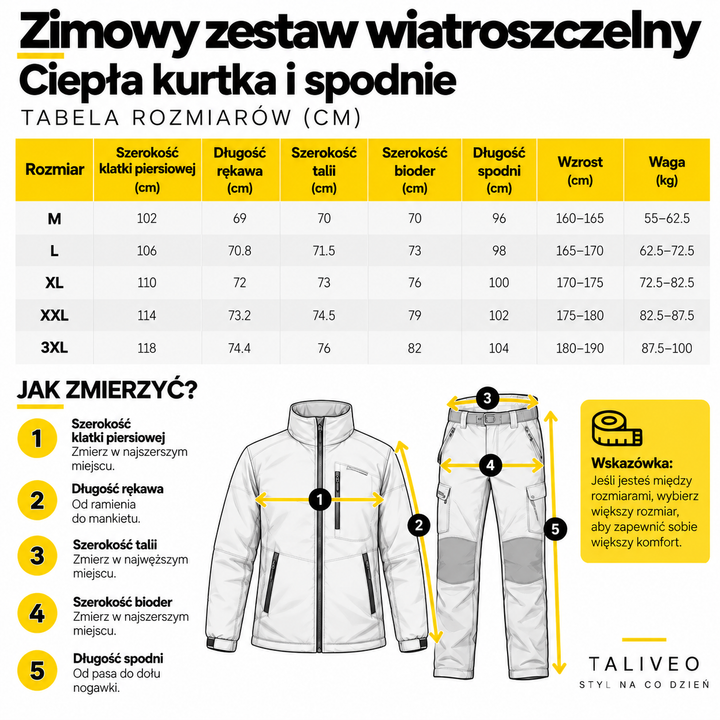 Zimowy zestaw wiatroszczelny | Ciepła kurtka i spodnie